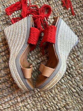 Lanvin Paris Coral Wrap Tie Espadrille Wedge Sandals EU 38.5